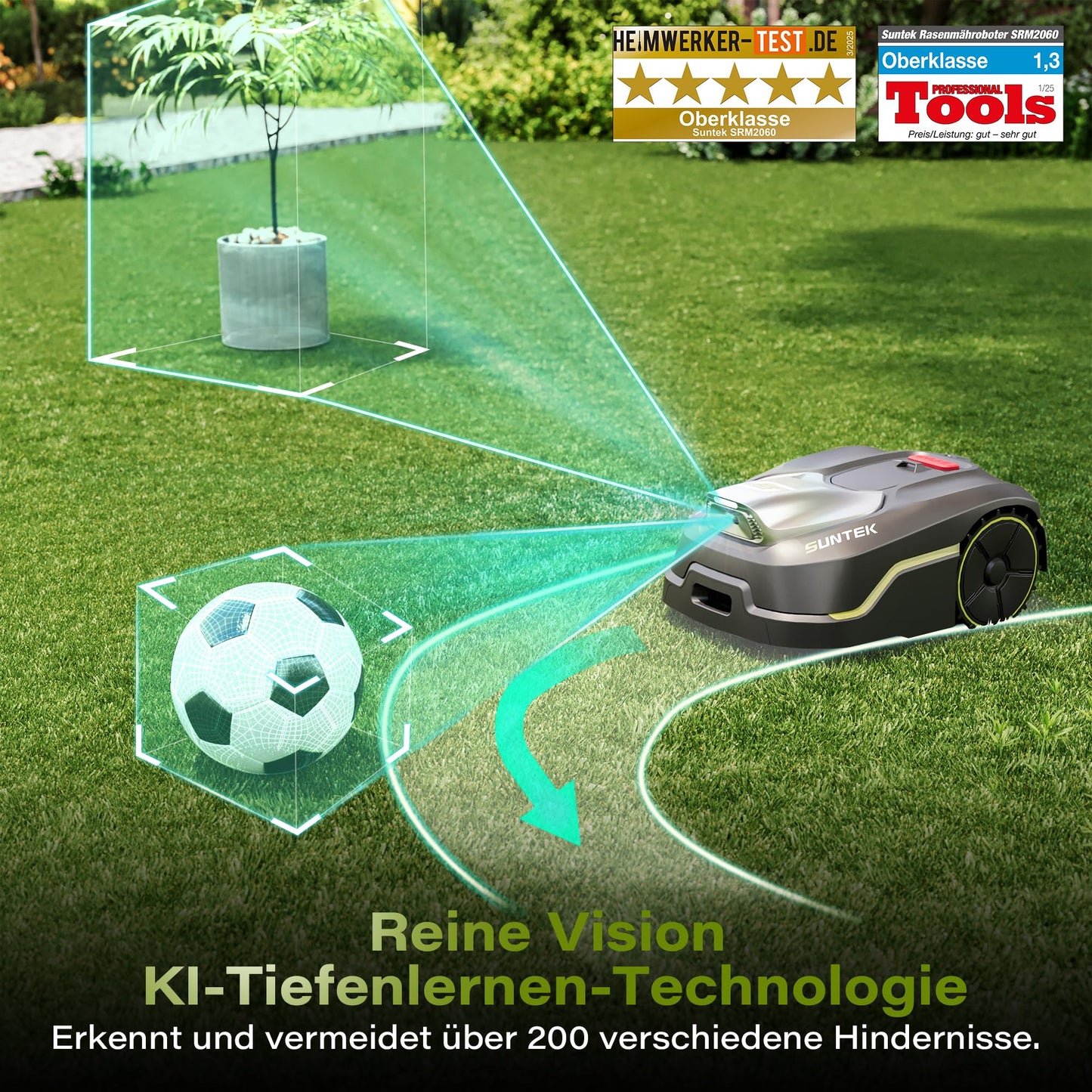 SUNTEK Mähroboter AI Vision - Ohne Kabel, 600m², Hindernisvermeidung, IPX5, App-Bedienung
